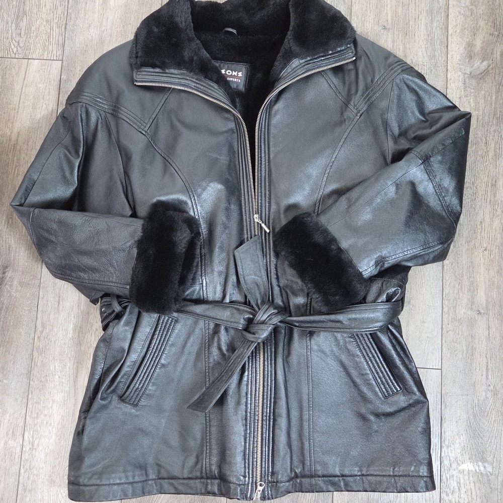 Wilsons Leather Jacket Women's L Black Genuine Leather Faux Fur Lined Belted